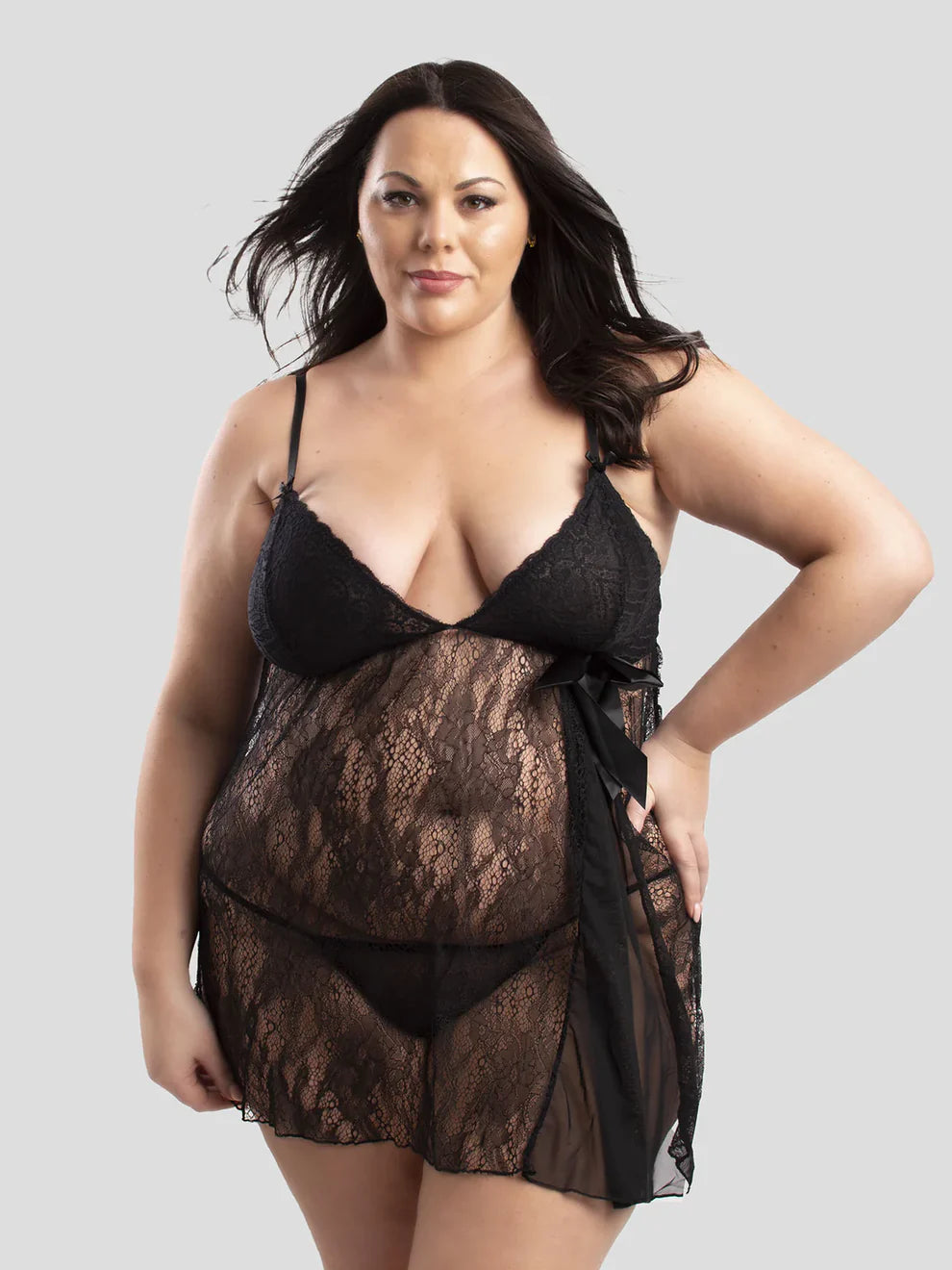 Lily Μαυρο Plus SIze Νυχτικο Δαντελα